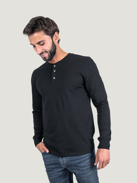 Pasha is 6' 180 lbs and wears a size M # Black Long Sleeve Henley | Fresh Clean Threads Canada