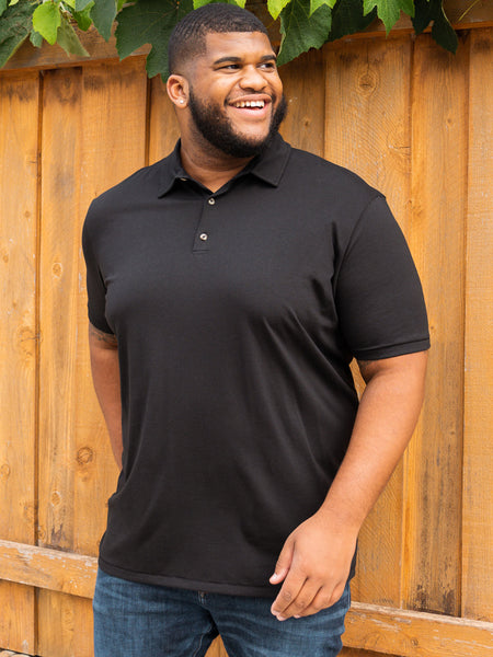 Steven is 6', 275lbs and wears a size 3XL # Black Torrey Polo Basic Polo 3-Pack Model Size 3XL | Fresh Clean Threads Canada