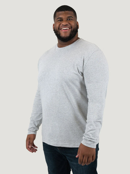 Steven is 6', 275lbs and wears a size 3XL # Heather Grey Long Sleeve Crew | Fresh Clean Threads Canada