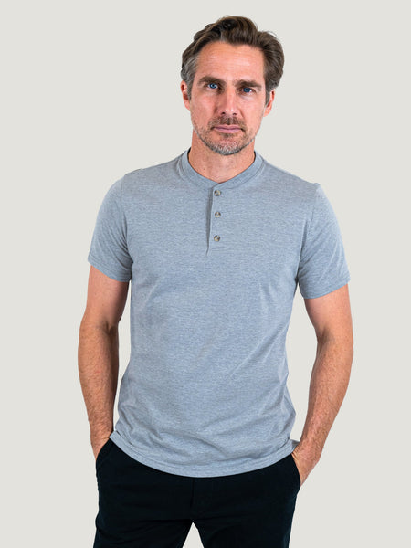 Short Sleeve Heather Grey Henley with 3 button placket | Fresh Clean Threads Canada