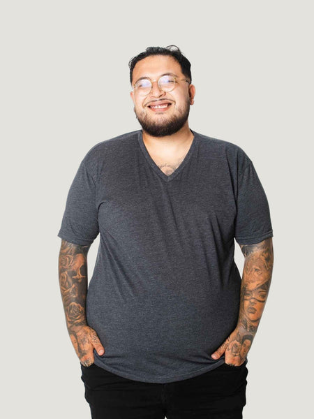 koichi is 6'1, 290lbs and wears size 2xl # Charcoal V-Neck Tee | Fresh Clean Threads Canada
