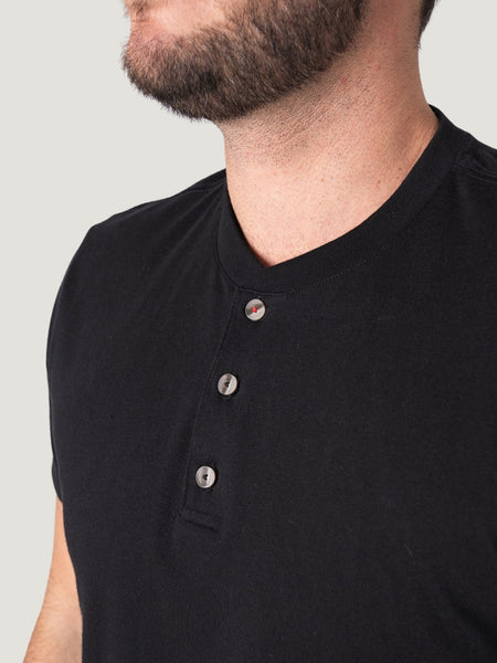 Black Short Sleeve Henely with contrasting signature red stitching | Fresh Clean Threads Canada
