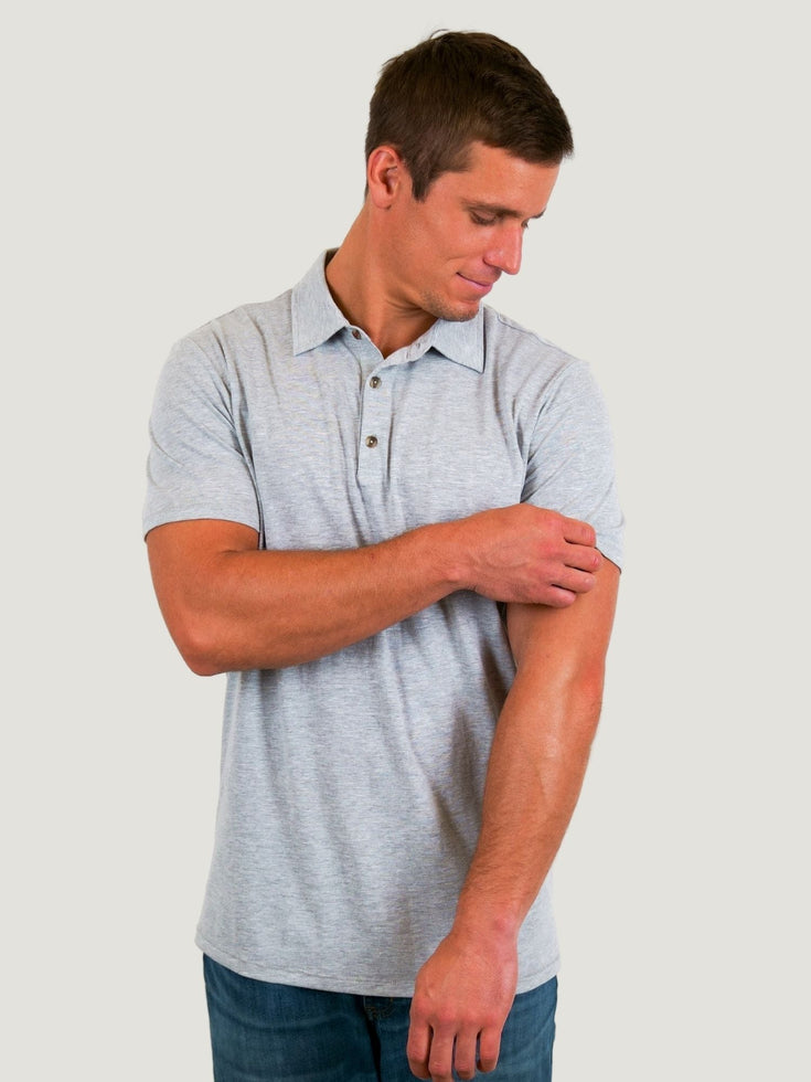 Ladder Stitched  Sleeves on the Heather Grey Torrey Polo | Fresh Clean Threads Canada