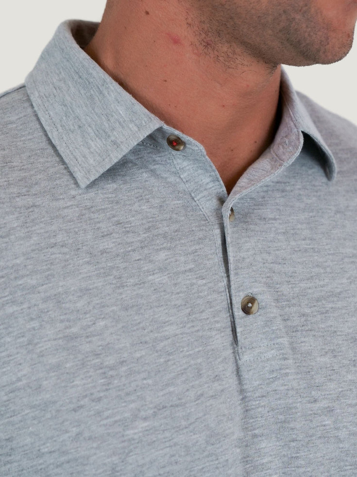 Never twist collar on our Heather Grey Torrey Polo | Fresh Clean Threads Canada