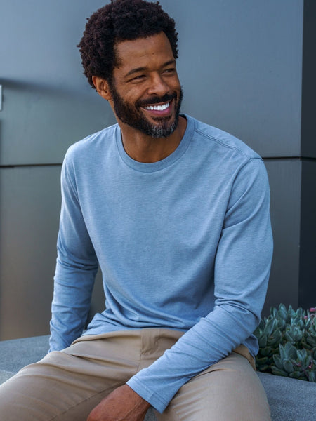 Jarrett is 6', 168lbs and wears a size M # Wedgewood Long Sleeve Crew Neck | Fresh Clean Threads Canada