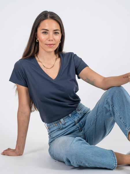 Sarah is 5'8, size 2 and wears a size XS # Odyssey Blue Women's Comfy V-Neck Tee | Fresh Clean Threads Canada