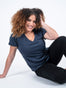 Odyssey Blue Women's V-Neck t-shirt Model Large | Fresh  Clean Threads