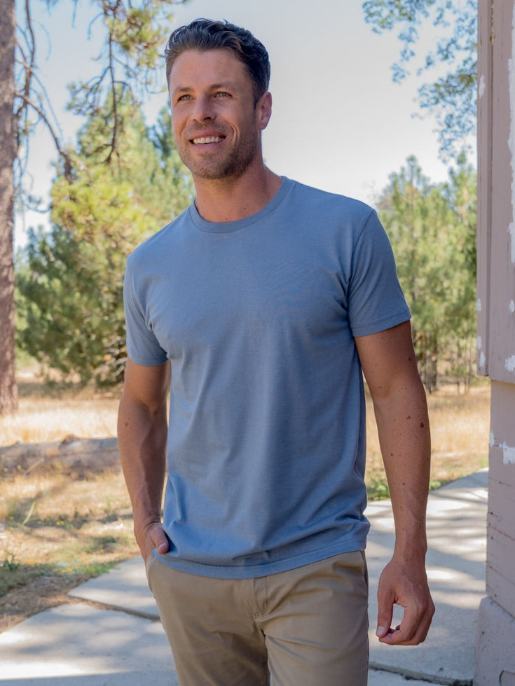 Gabe is 6'1, 175lbs and wears a size M | Wedgewood Crew Neck Tee | Fresh Clean Threads Canada