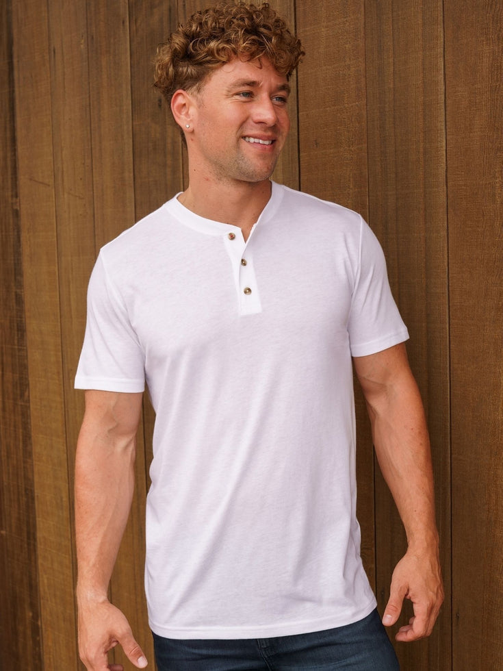White Stratusoft Short Sleeve Henley | Fresh Clean Threads Canada
