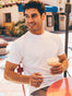 White Crew Neck Tee Model Size Medium | Fresh Clean Threads Canada