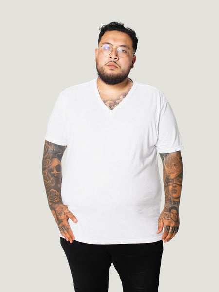 koichi is 6'1, 290lbs and wears size 2xl # White V Neck | Fresh Clean Threads Canada