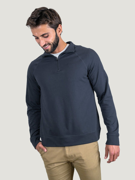 Pasha is 6' 180 lbs and wears a size M # Odyssey Blue Q Zip | Fresh Clean Threads Canada