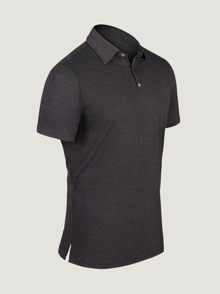Ladder Stiched hems and sleeves on Charcoal Torrey Polo | Fresh Clean Threads Canada