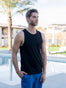 Black Pacific Beach Tank Top | Joe wears Medium | Fresh Clean Threads Canada